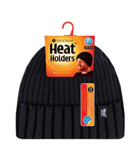 Mens Ribbed Knit Fleece Lined Turn Over Cuff Thermal Beanie Hat