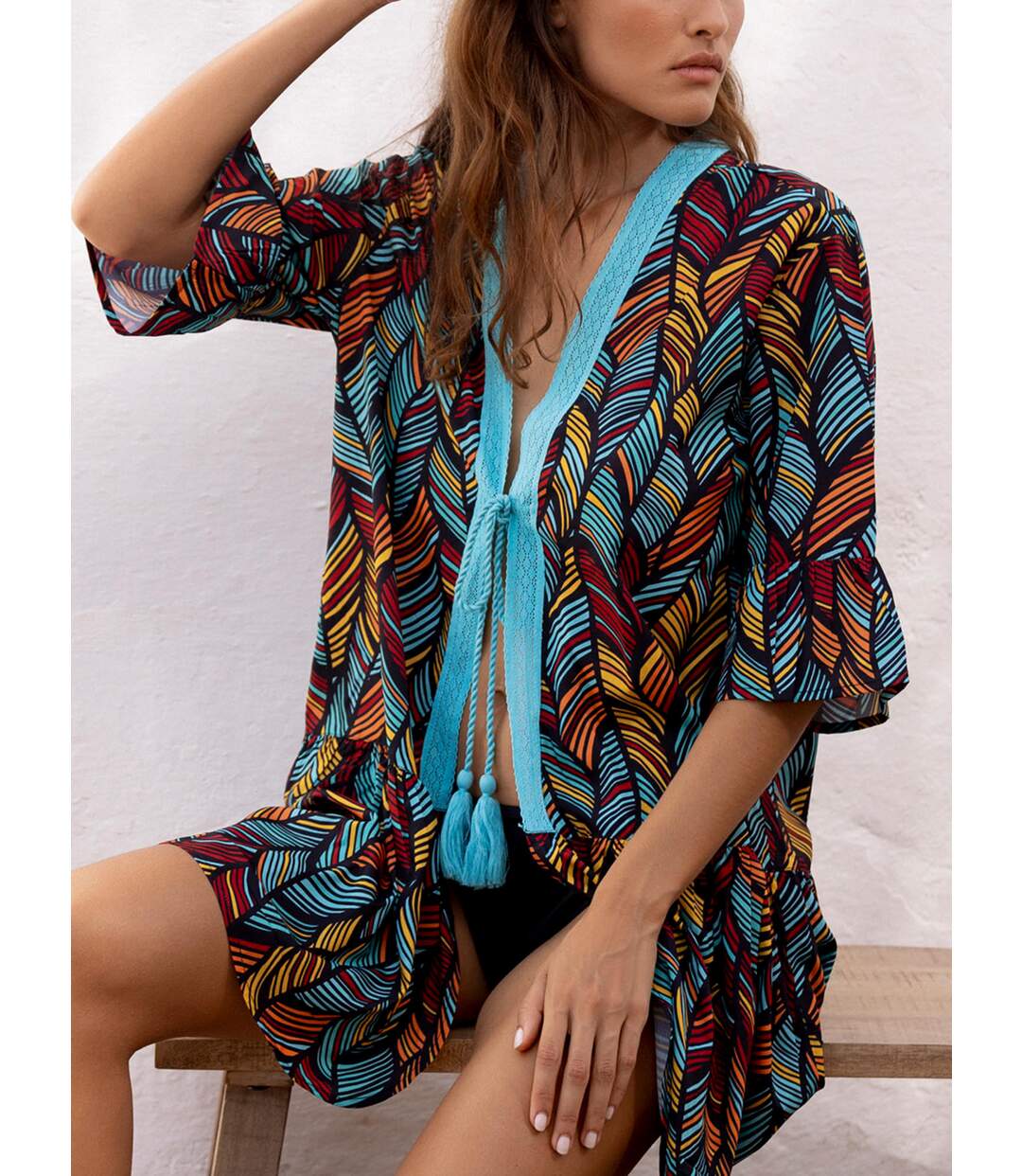 Caftan de plage Ethnic Feathers Admas-3