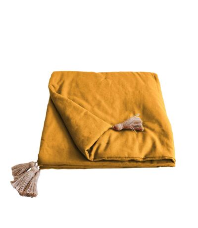Edredon en coton avec pompons 190x90cm - Jaune moutarde