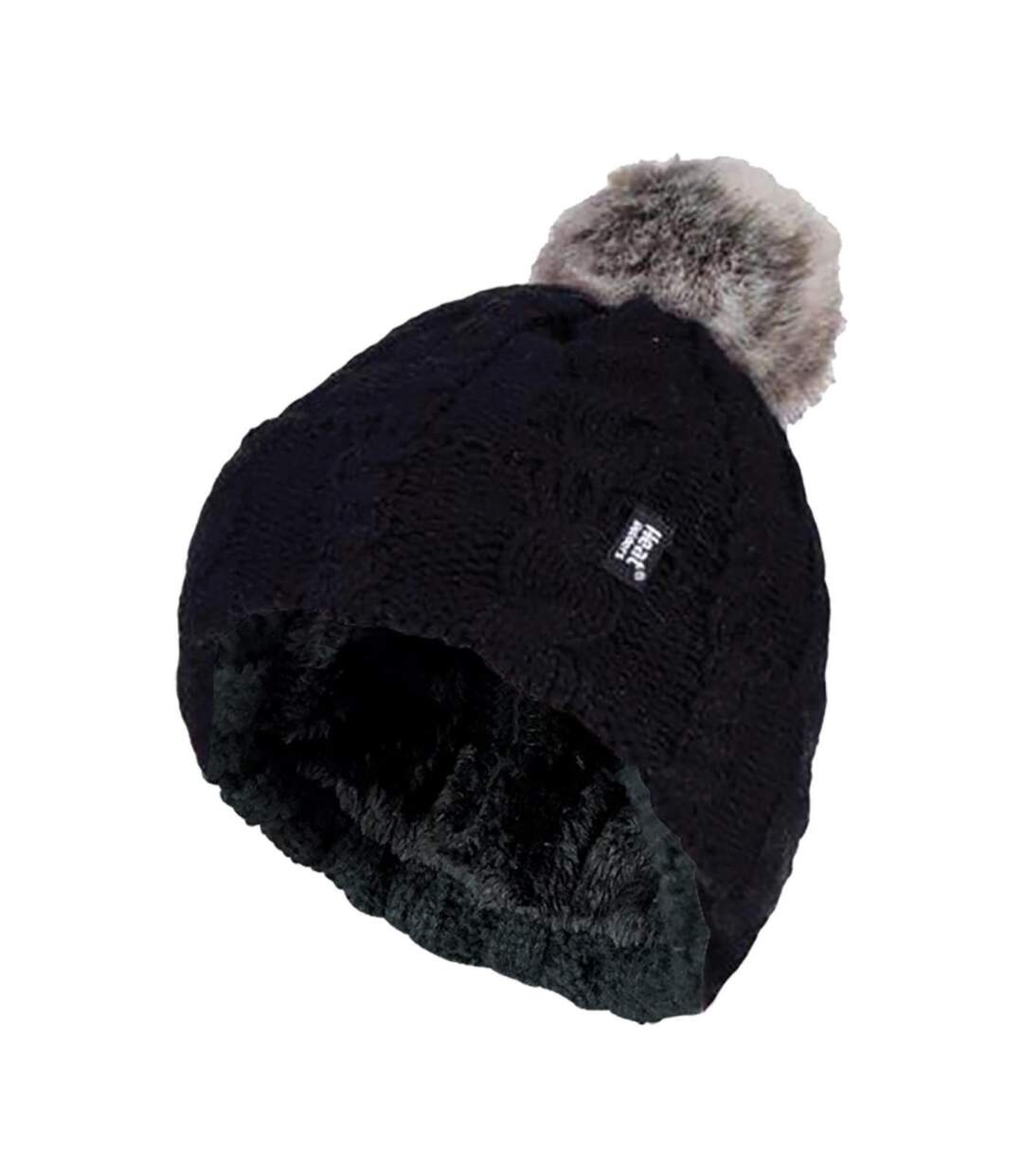 Ladies Cable Knit Fleece Lined Thermal Winter Bobble Hat with Pom Pom-1