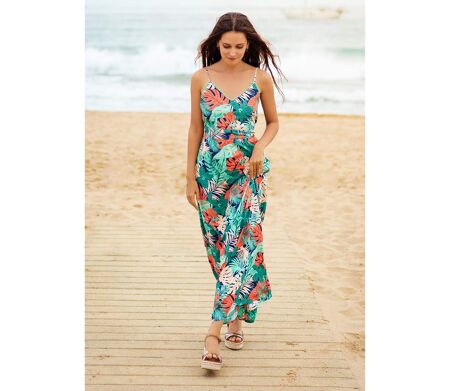 Robe longue fluide AMYNA fines bretelles imprimé tropical vert Coton Du Monde