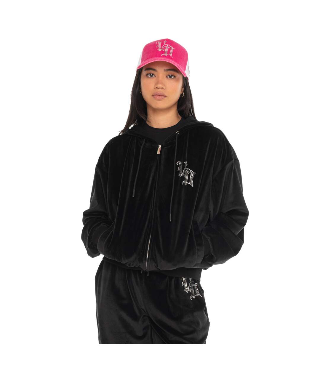 Sweat zippé à capuche femme en velours avec poches et strass Diams Vondutch-1
