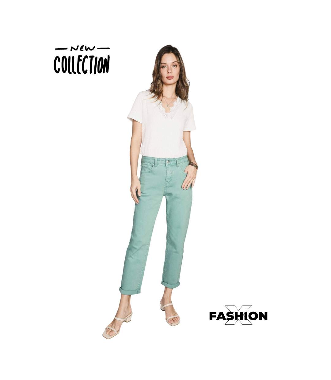 Jean femme coupe mom taille haute coton / lycra - Couleur bleu céladon-4