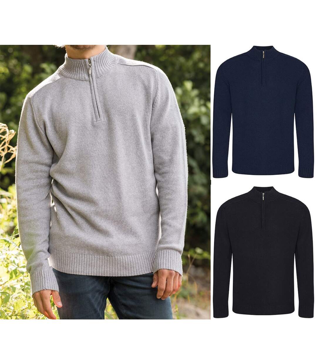 Lot 3 Pulls col zippé homme - gris, bleu et noir