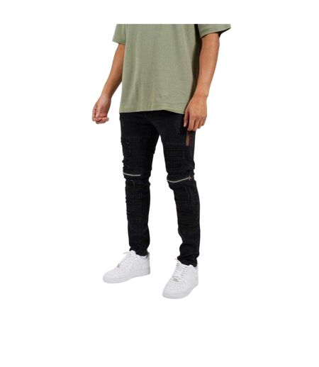 Mens Biker Stitched Skinny Jeans Black Brave Soul