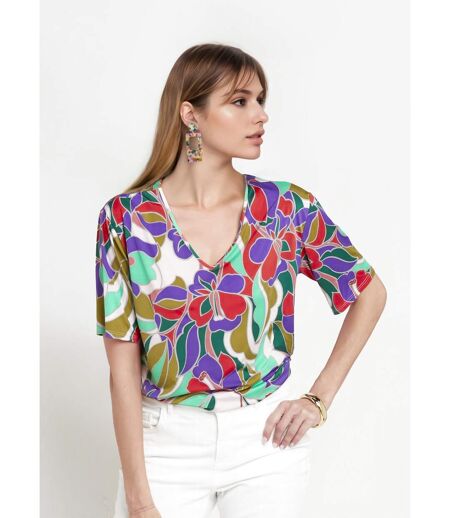 Tunique stretch col V, fleuri graphique