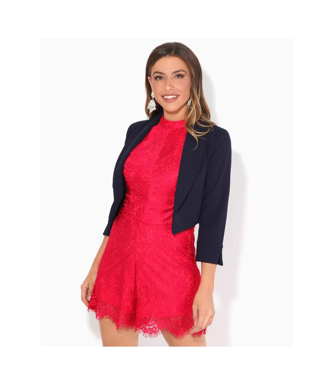 Womens/ladies wide lapel three-quarter sleeve shrug navy Krisp-3