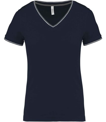 T-shirt manches courtes coton piqué col V K394 - bleu marine grey - femme