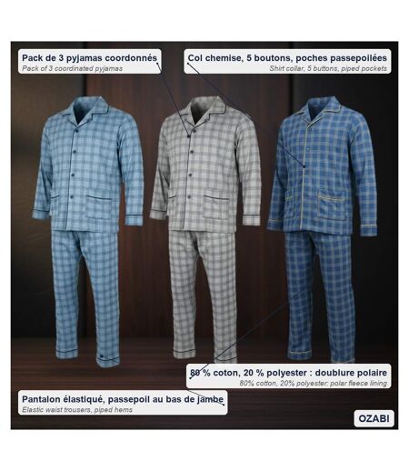 OZABI Pyjama Homme Boutonné Pack de 3, Coton Doublé Polaire, Manches Longues