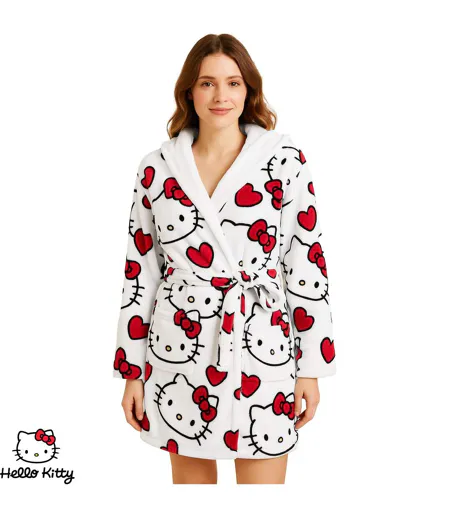 Womens/ladies 3d Ears Fleece Robe White Red Black Hello Kitty