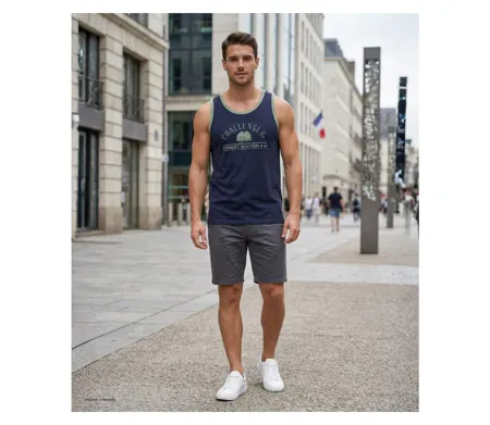 CHALLENGER SORGO2 - Débardeur marine pour homme en pur coton avec sérigraphie : le style sportswear aux détails contrastés kaki