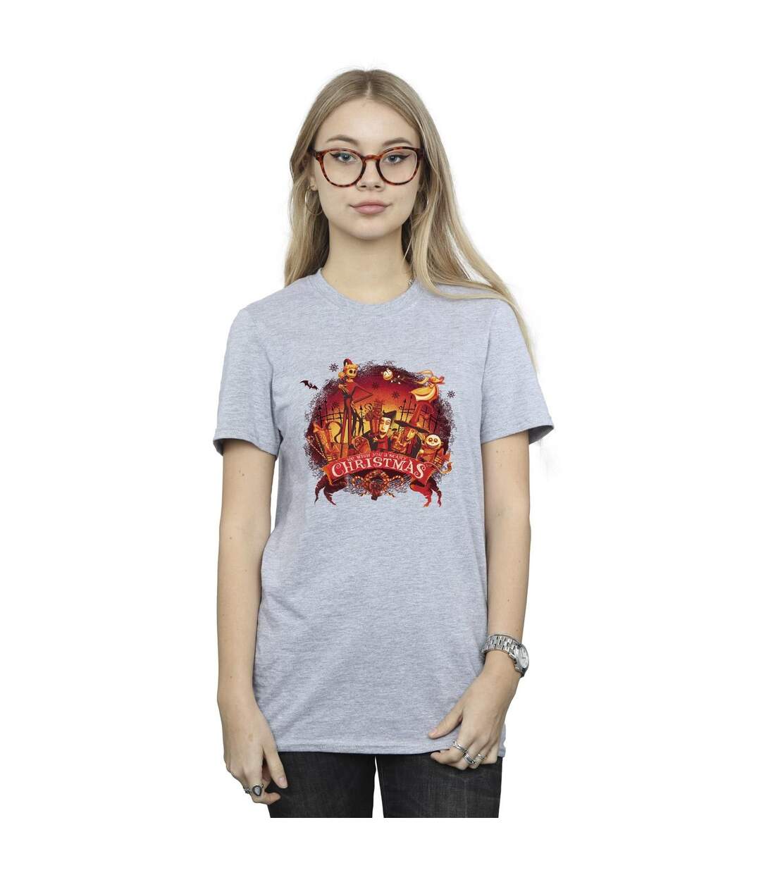 Disney Womens/Ladies The Nightmare Before Christmas Scary Christmas Cotton Boyfriend T-Shirt (Gris sportif) - UTBI41766-2