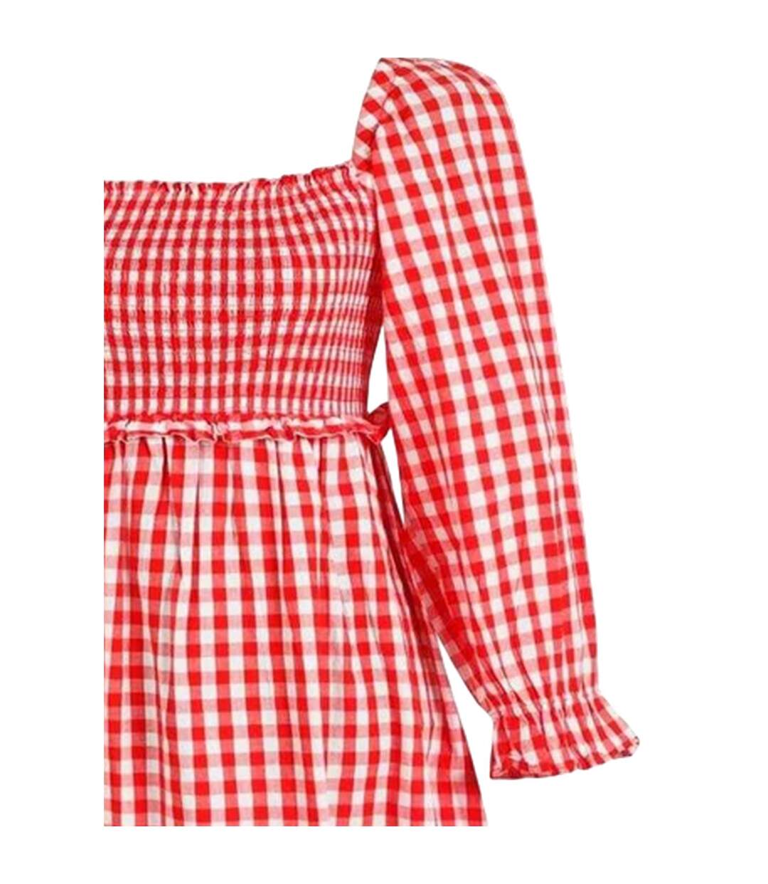 Robe Mi-longue Manches Longues Motif/style À Carreaux Femme Rouge Blanc Miso-4