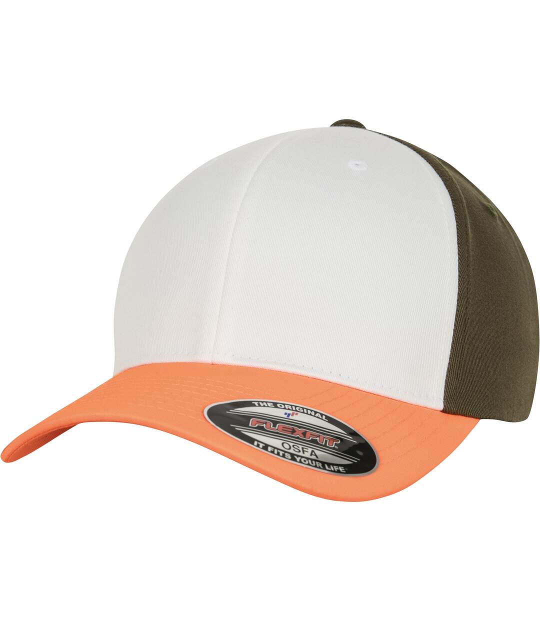 Casquette flexfit adulte orange néon / blanc / vert kaki foncé Yupoong-1