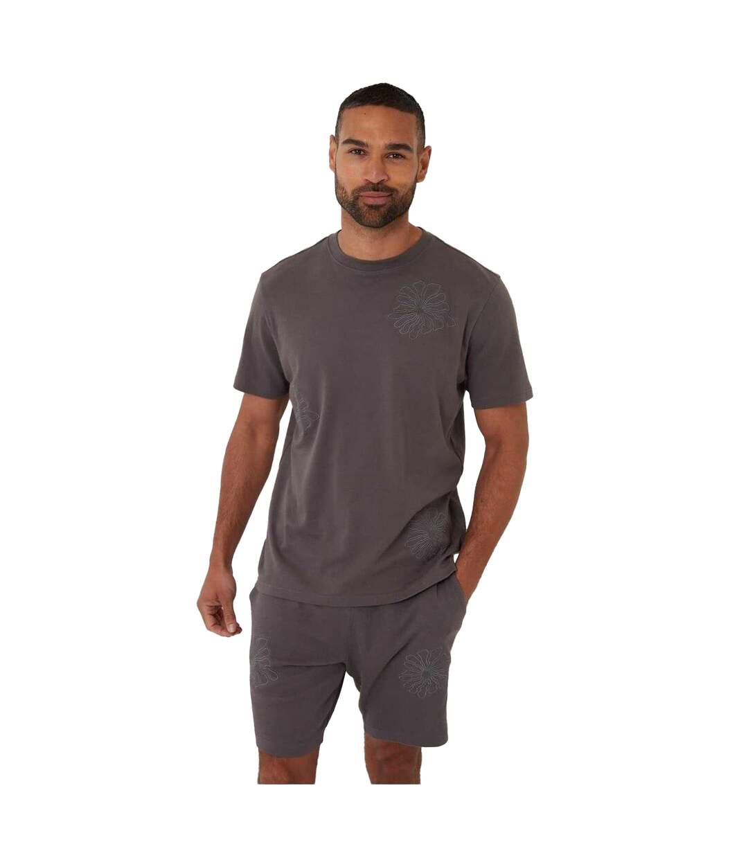 Mens Embroidered Flower Regular T-shirt Slate Threadbare-1