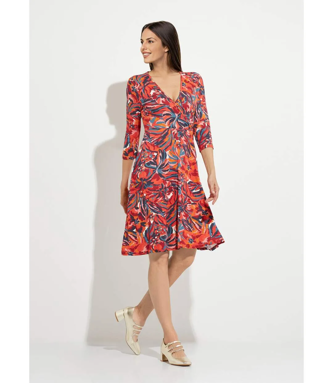 Robe cache-coeur courte manches 3/4 motif floral-1