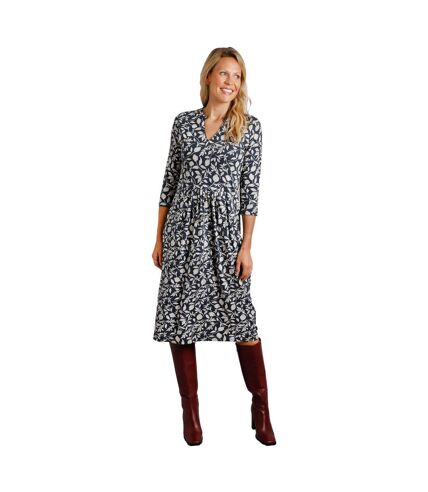 Womens/ladies isolde printed eco friendly midi dress ecru Weird Fish