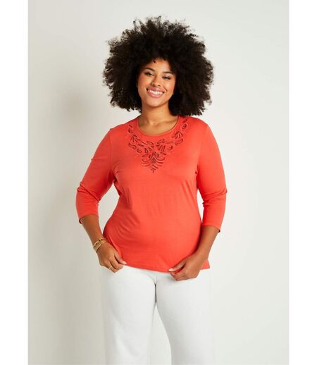 T-shirt court brodé manches 3/4