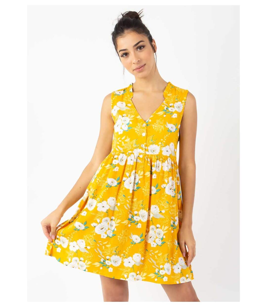 Robe courte babydoll ALEXA imprimé fleuri jaune Coton Du Monde