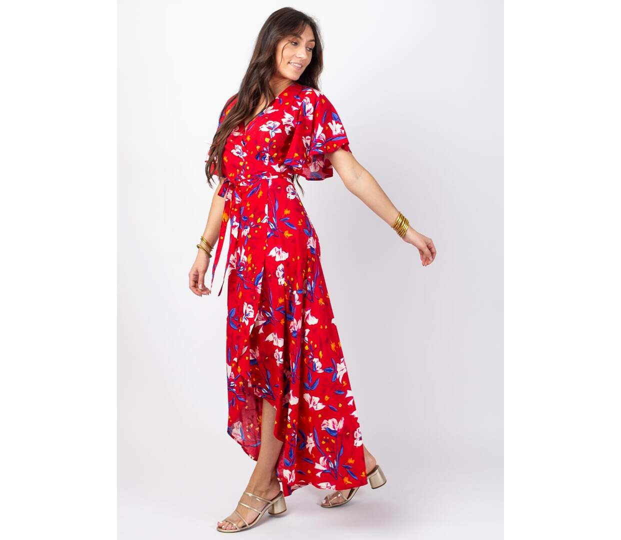 Robe longue SAKURA bohème imprimé fleuri rouge Coton Du Monde-3