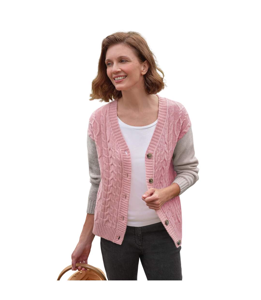 Womens/ladies Cable V Neck Cardigan Oatmeal WoolOvers-1
