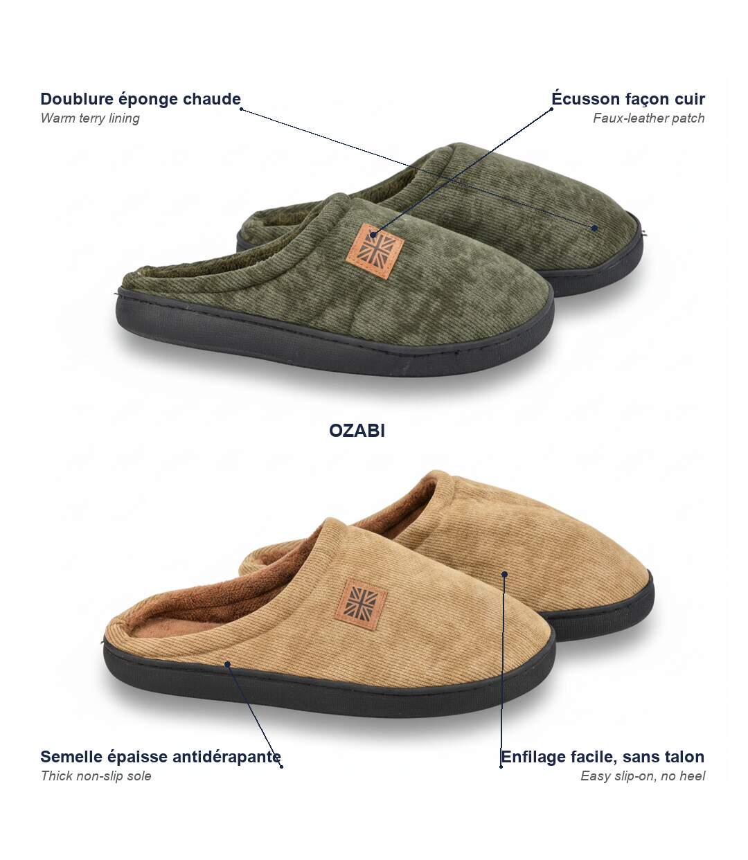 OZABI Pack 2 Paires Mules Homme Velours Côtelé Doublure Éponge-5