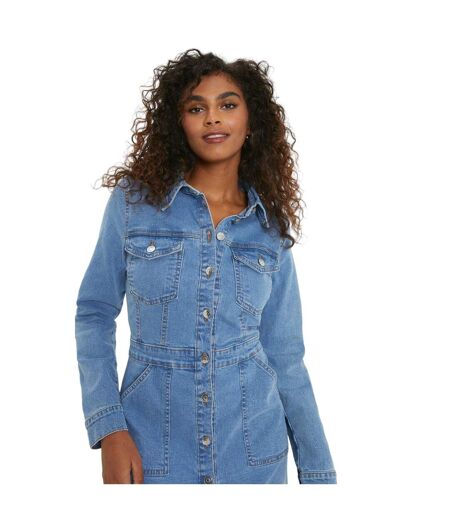 Womens/ladies denim long-sleeved shirt dress mid wash Dorothy Perkins