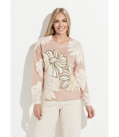 Pull fin imprimé fleurs sequins col rond