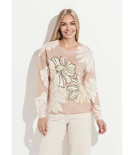 Pull fin imprimé fleurs sequins col rond
