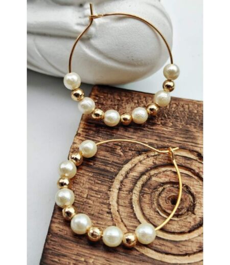 Gold White Beaded Dainty 30mm Bali Asian Indian Boho Hoop Earring