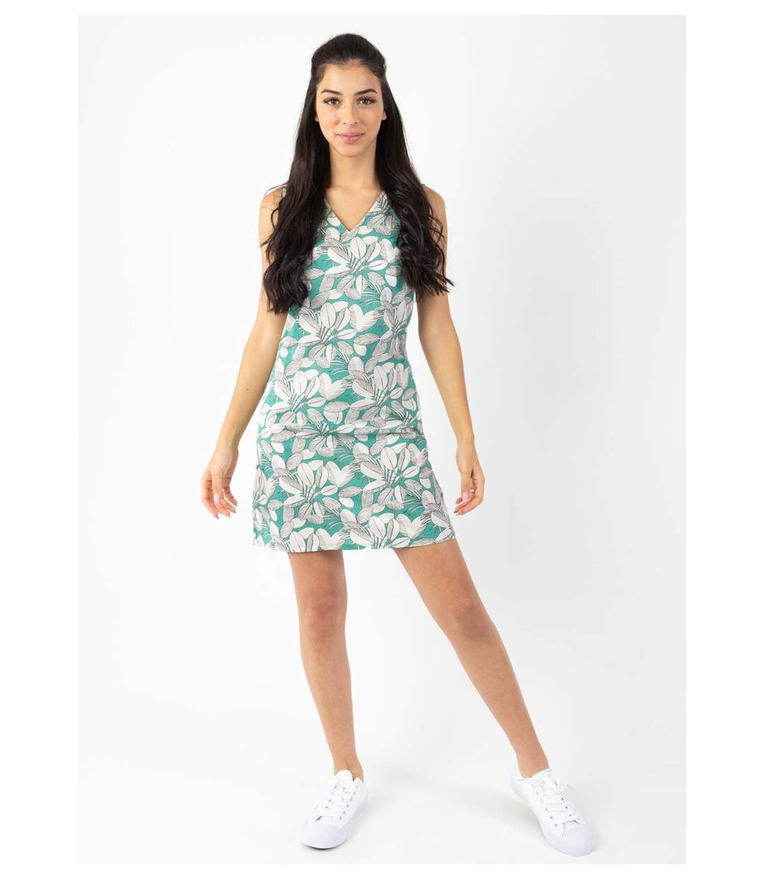 Robe courte DIANA coton sans manches col V verte et blanche Coton Du Monde