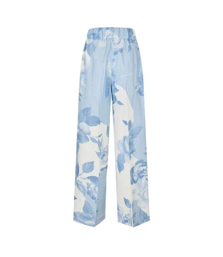 Womens/ladies Knitted Pull-on Wide Leg Trousers White Blue Off-White