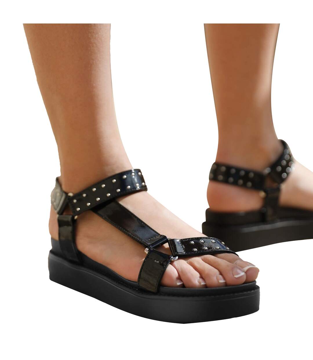 Womens/ladies Hawaii Studded Patent Leather Multi Strap Wide Sandals Black Where´s That From-3