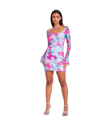 Womens/ladies Floral Mesh Mini Dress Blue Print Missy Empire