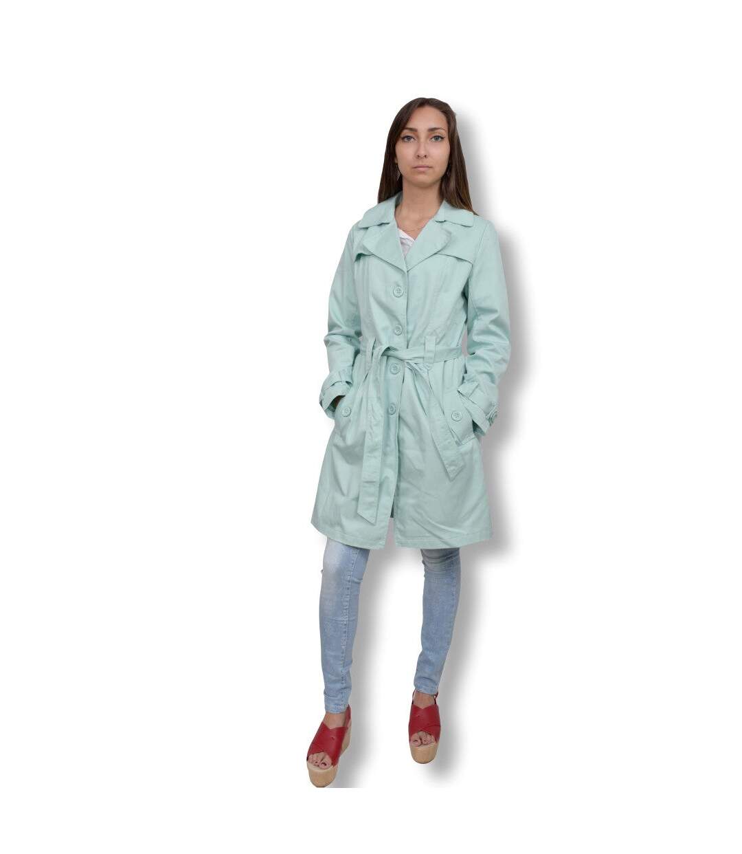 Trench femme manches longues de couleur vert longueur 3/4-5