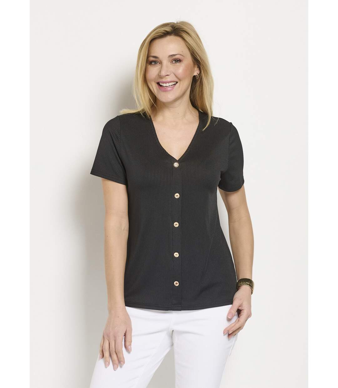 T-shirt côtelé uni droit court col V-1
