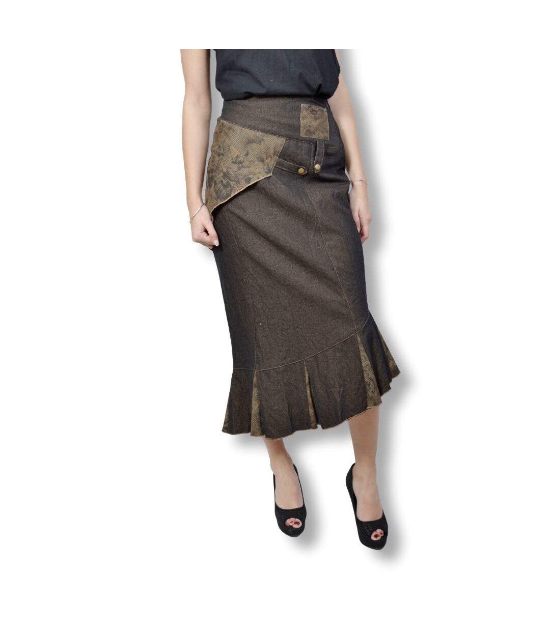 Jupe femme en jean longueur maxi - Marron-1