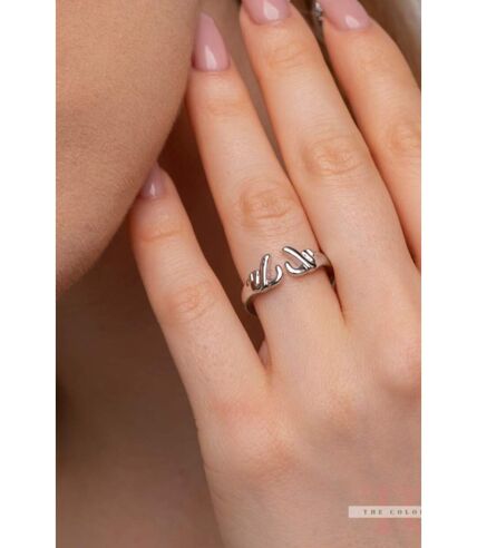 925 Silver Gold Hand Heart Couple Love Adjustable Stackable Ring