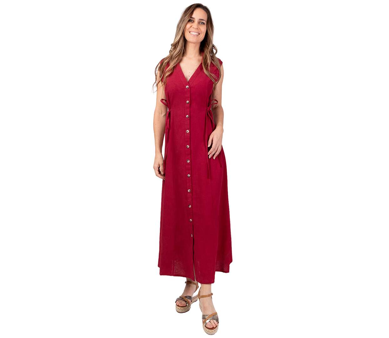Robe longue sans manches PAULINE unie framboise Coton Du Monde-1