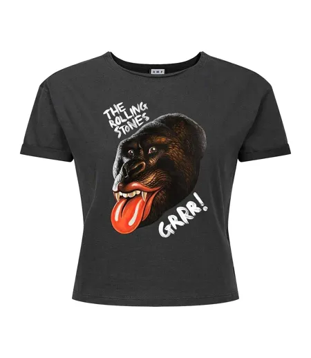 Womens/ladies Grrr The Rolling Stones Crop T-shirt Charcoal Amplified