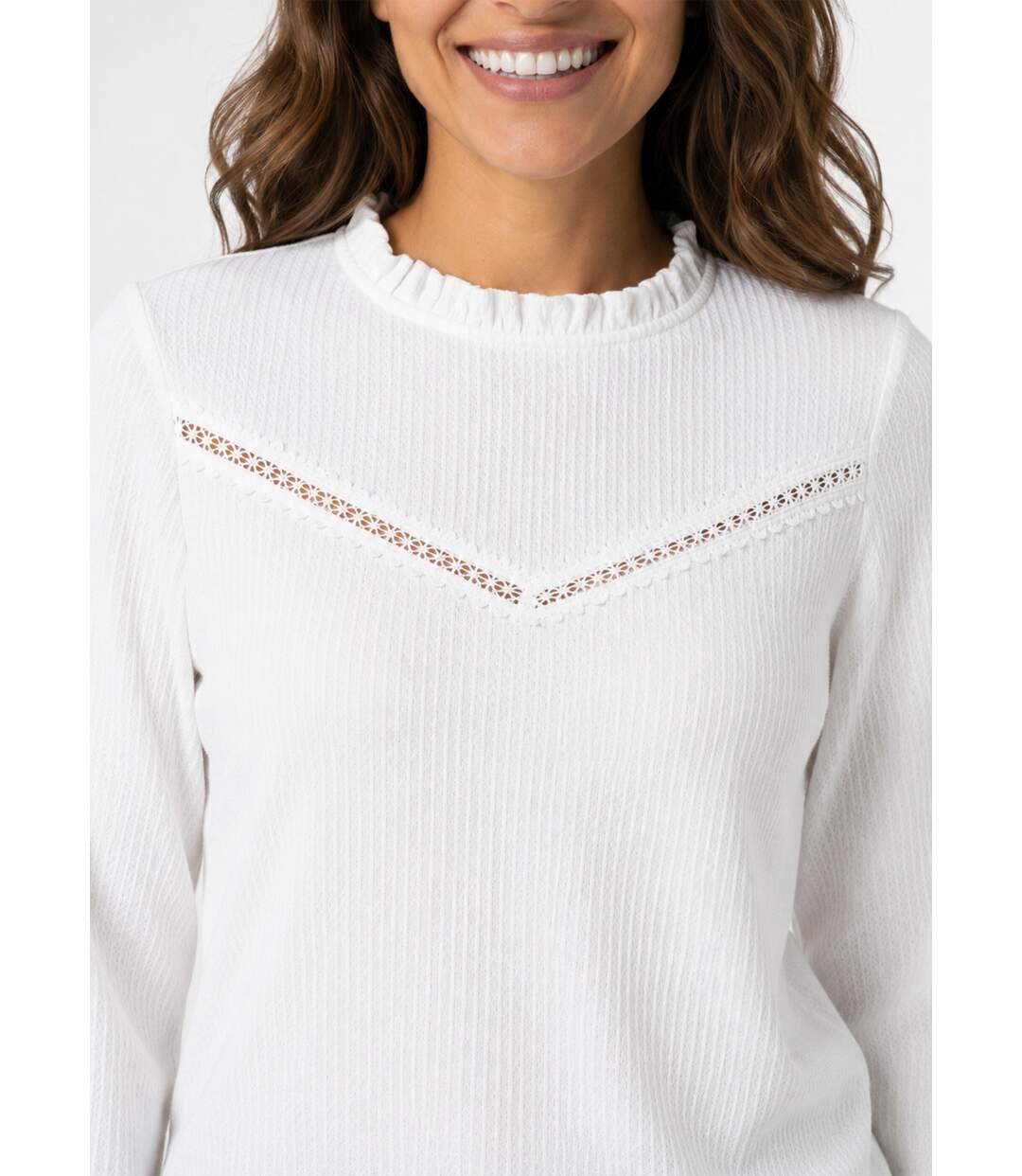 T-shirt blanc col montant volanté maille gaufrée-4