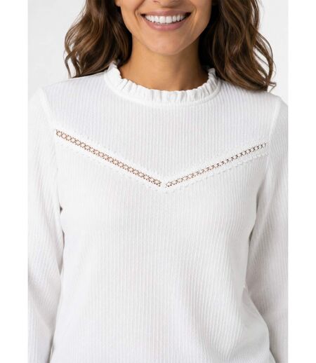 T-shirt blanc col montant volanté maille gaufrée