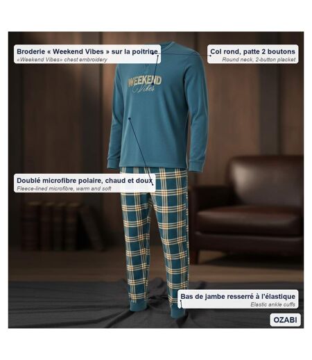 OZABI Ensemble Pyjama Homme Doublé Polaire Broderie Weekend Vibes