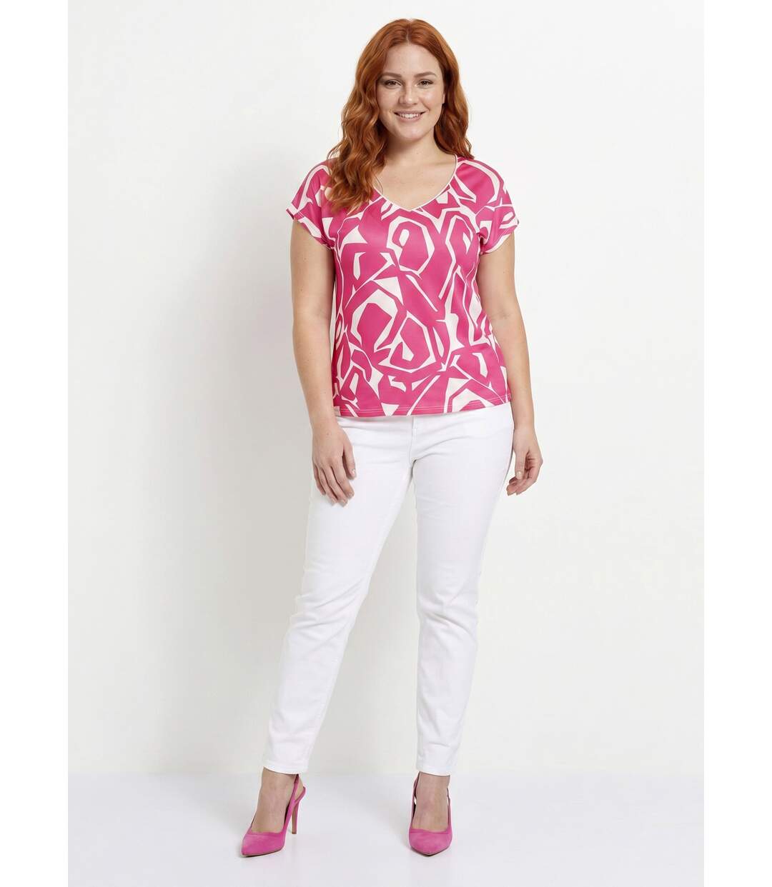 T-shirt droit court col V imprimé graphique-3