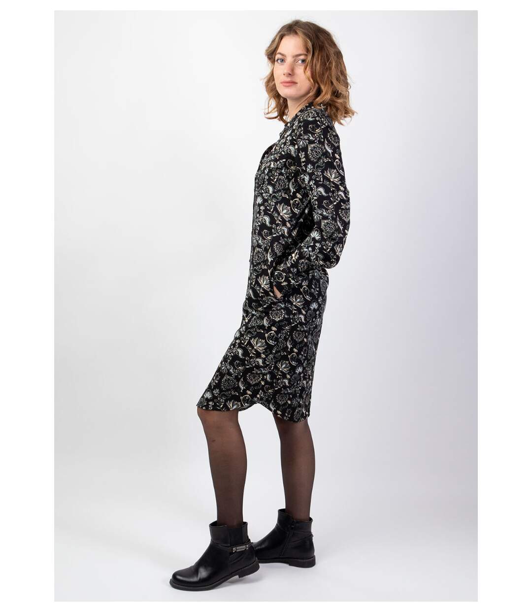 Robe midi hiver manches longues MACHA motif ethnique noir Coton Du Monde