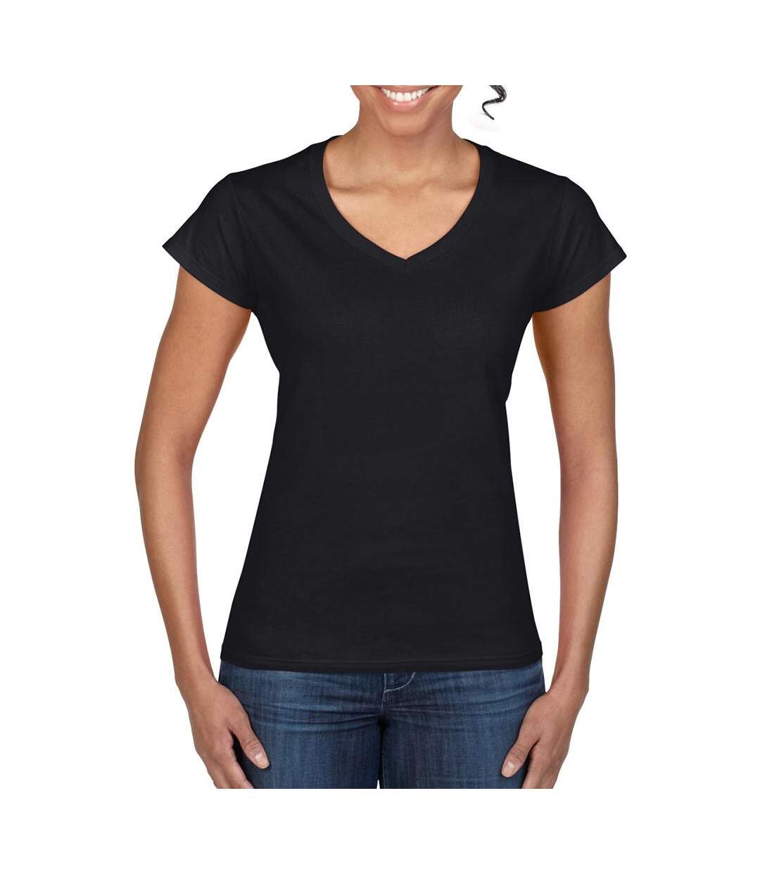 T-shirt À Manches Courtes Et Col En V Femme Noir Gildan-1