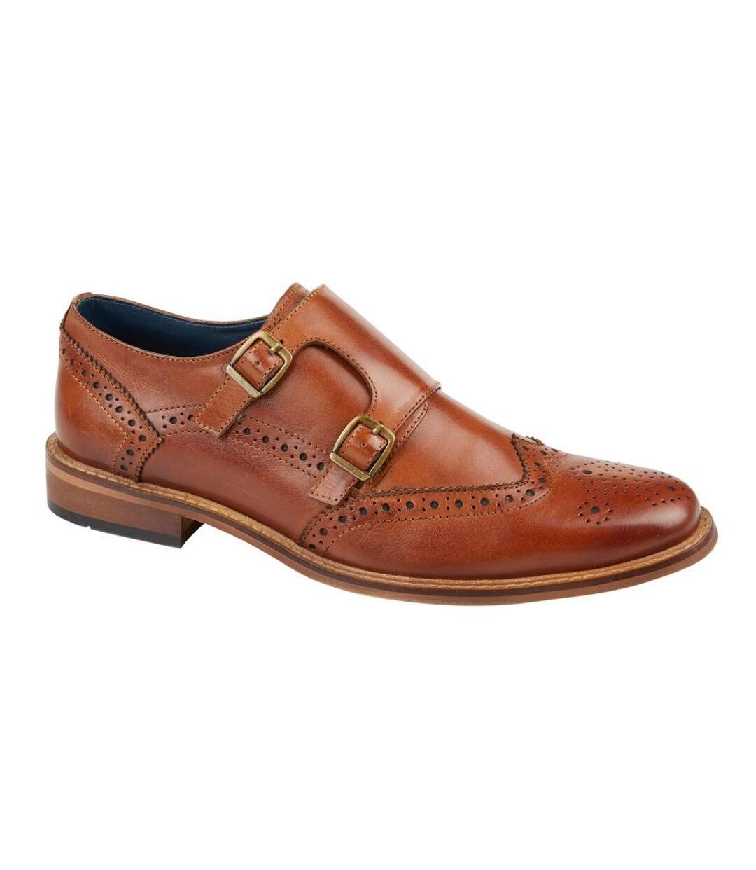 Mens leather double monk strap brogues tan Roamers