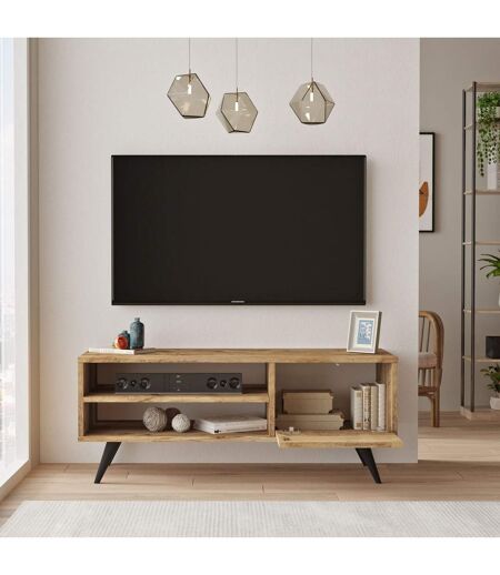 Meuble TV avec 2 niches de rangement ouvertes et une porte abattante en panneaux de particule