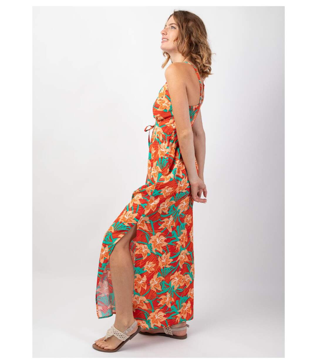 Robe longue fendue GLORIA fines bretelles motif fleuri tropical Coton Du Monde