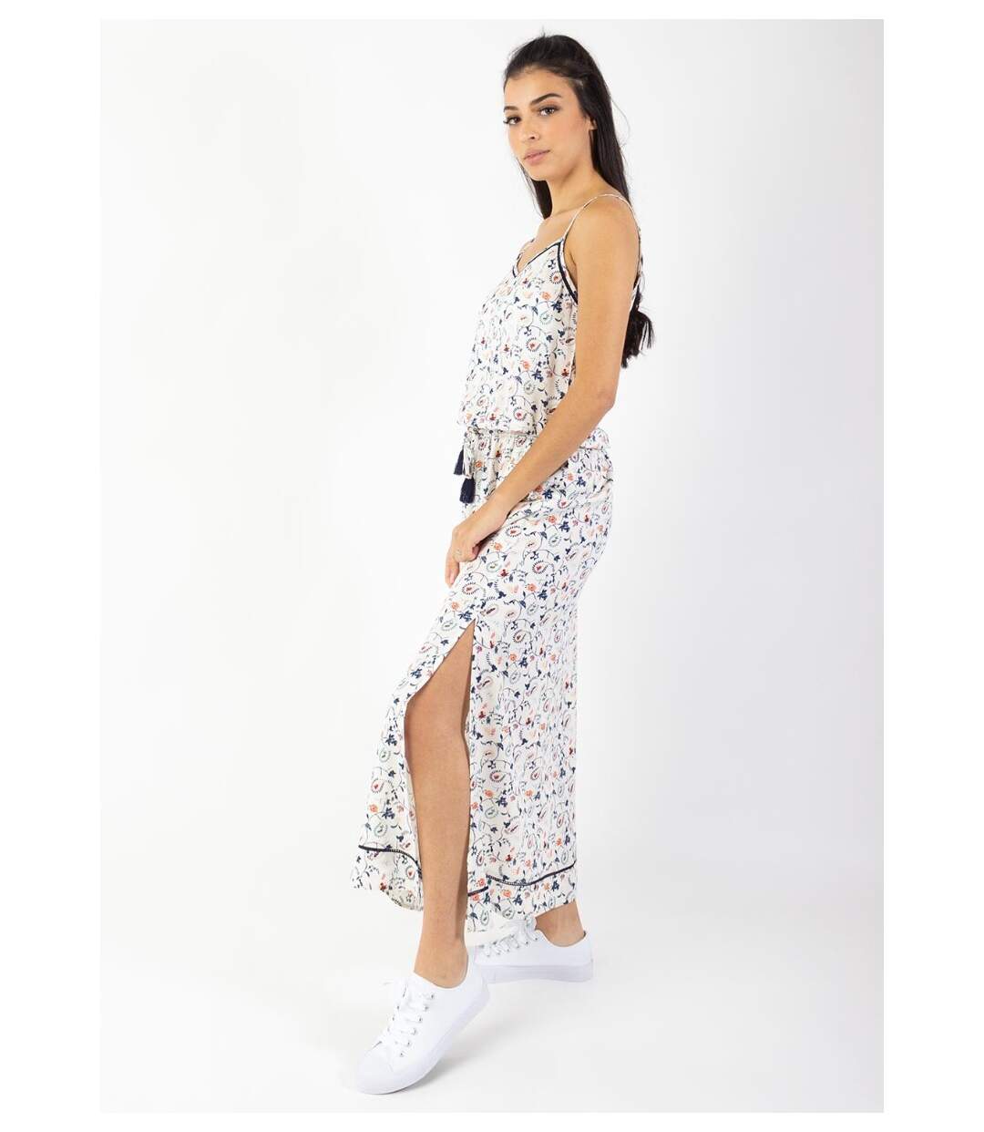 Robe longue fendue fines bretelles ALBA imprimé Paisley blanc Coton Du Monde